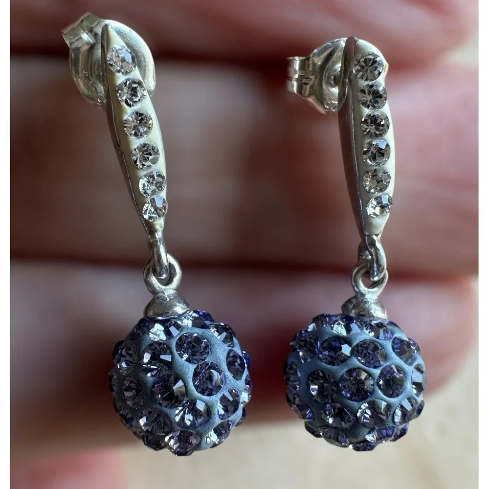AU Stud Post Earrings‎ 0.9 Inch Ball Dangles Pave CZ Tanzanite 925 Sterling 2.3g